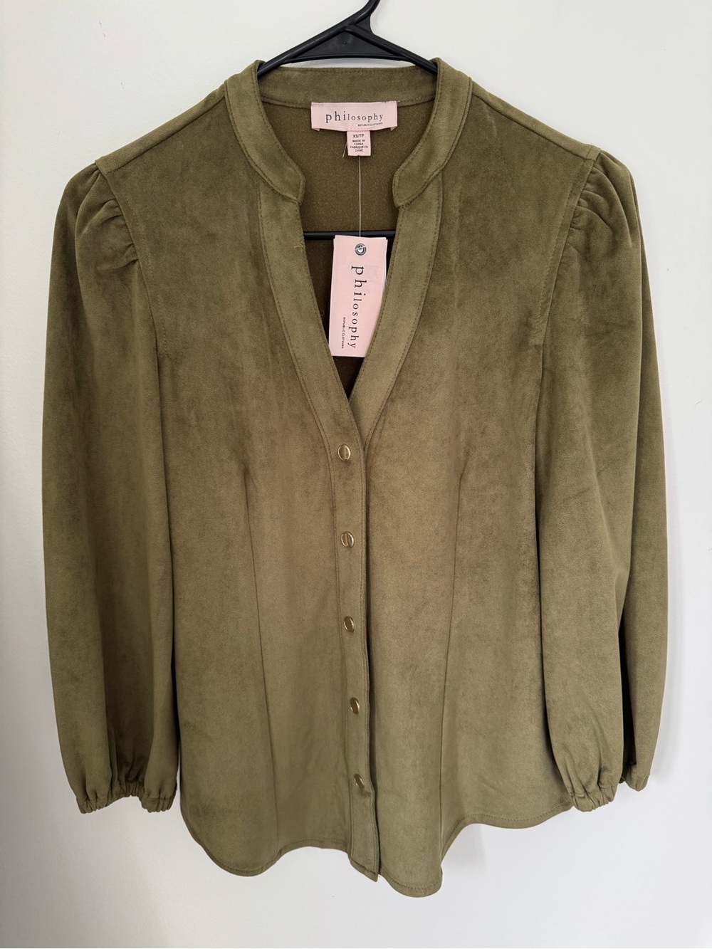Philosophy Olive Green Faux Leather Suede Blouse NWT XS